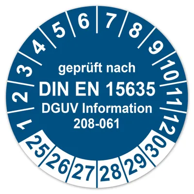 Prüfplaketten DIN EN 15635, 100 St., blau, 30 mm, Vinyl