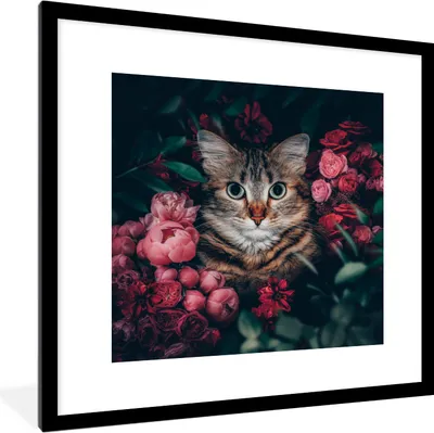 Produktbild von MuchoWow® Gerahmtes Poster Katze - Blumen - Blätter - Botanisch 40x40 cm - Poster mit Schwarzem Bilderrahmen Wandposter Rahmen Foto Bilder - Poster - Plakat im Rahmen