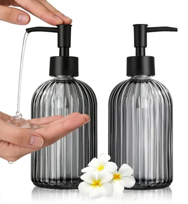 Productafbeelding van Glazen Zeepdispenser Set 400 ml met RVS Pomp - Zwart (2 Stuks)