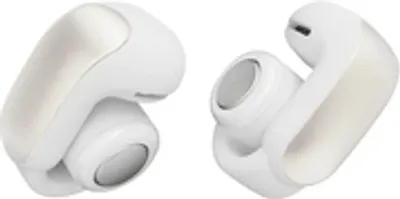 Two white wireless earbuds are shown against a white background.