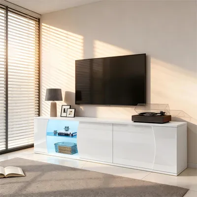 Produktbild von STILVORA TV-Schrank mit 3 Schranktüren aus gehärtetem Glas und LED-Beleuchtung, Lowboard für 80-Zoll-Fernseher, TV-Ständer Entertainment-TV-Schrank