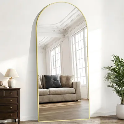 Obrázok produktu pre Zrkadlo celé telo, 203 x 91 cm, zakrivené, stojace, zlatý kovový rám, vhodné na postavenie alebo zavesenie na stenu, s možnosťou opretia
