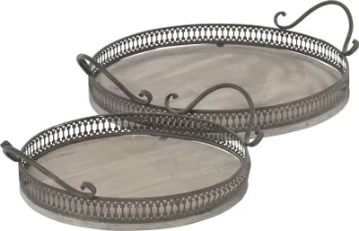 Produktbild von Tablett mit Griff Metall/Holz 2erSet natur Dekotablett Landhaus Ø26+33cm H9cm