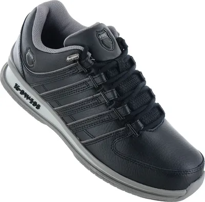 A black K-Swiss sneaker is shown against a white background.