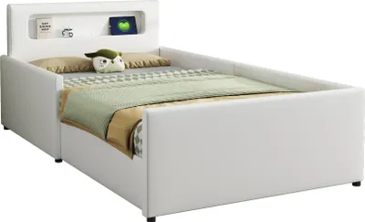 Produktbild von Merax Polsterbett Kinderbett 90x200 cm mit Nachtlicht und USB, Einzelbett mit Ablagefächern, erhöhten Seitenteilen, Schublade, Kunstlederstoff Weiß