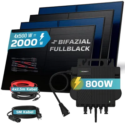 Produktbild von SUNNIVA® 2000W Balkonkraftwerk BIFAZIAL FULLBLACK komplett Steckdose GROWATT NEO-800M-X Wechselrichter, Komplettset 4x 500W PV Solaranlage Solarmodule