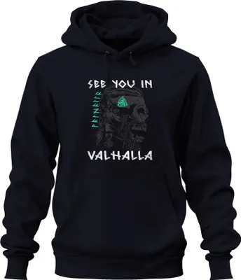Produktbild von See you in Valhalla Wikinger Schädel Runen Mjolnir Nordisch Odin Uni Hoodie Kapuzenpullover, Navy, XL