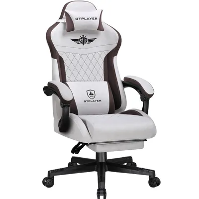 A white and brown gaming chair with a headrest and lumbar support, shown from the front on a white background.