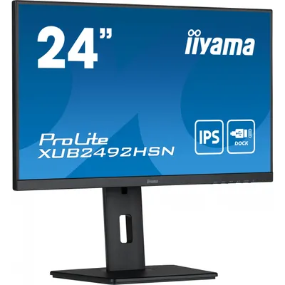 A studio shot of a black iiyama ProLite monitor on a white and blue background.