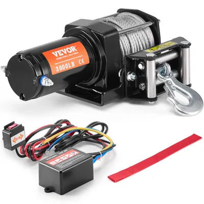 Obrázek produktu pro VEVOR Elektrický kabelový naviják, tažná síla 3000 lb, 12 V DC pro ATV/UTV, s ocelovým lanem Φ3/16" x 39 stop, válečkové vedení kabelu, dálkové ovládání kabelu, odolnost proti vodě IP55, ideální pro terénní využití UTV ATV