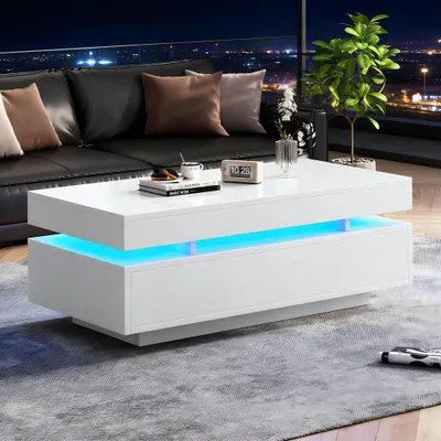 Image de OKWISH Table Basse - Table de Salon Moderne avec LED et 2 Tiroirs, Blanc, 100x50x35 cm