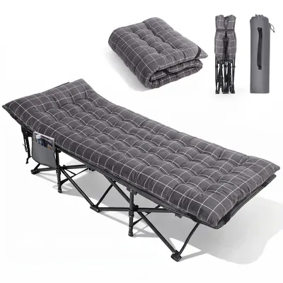 Produktbild von Sekey Tragbares Feldbett mit Matratze, Feldbett Klappbett Tragfähigkeit 200KG Campingbett für Indoor, Outdoor, Camping und Reisen, Grau-Kariert
