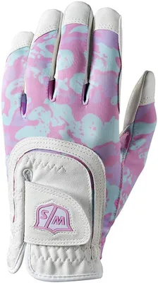 Productafbeelding van Wilson Staff Fit-All Junior Golfhandschoen, wit/roze camouflage, links voor rechtshandige golfers