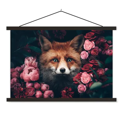 Produktbild von MuchoWow® Textilposter Fuchs - Blumen - Tiere 120x80 cm mit schwarzem Rahmen - Wanddeko