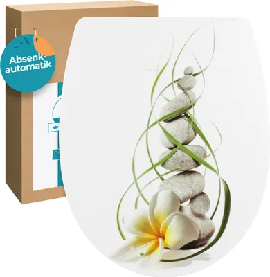 Produktbild von Calmwaters® WC Sitz mit Absenkautomatik Wellness-Motiv Plumeria, Thermoplast Toilettendeckel, abnehmbar, Top-Fix, universale O-Form, ovaler Toilettensitz, Komfort Klodeckel, Wellness-Nachbildung, 26LP5005
