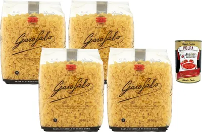 Produktbild von Italian Gourmet Farfalline Pasta 4 x 500 g – kleine Schleifenpasta aus Hartweizengrieß, ideal für Salate & Saucen, Vorratspack für Familie + Italian Gourmet Polpa