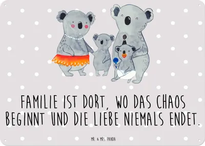 Produktbild von Mr. & Mrs. Panda Schild Koala Familie DIN A3 - Grau Pastell - Geschenk, Wandbild, Kinder, Türschild, Mama, Muttertag, Blechtafel, Family, tafel, Retro Blechschild