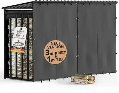 Produktbild von Kaminholzregal außen Metall Dach 300x105x185cm | 5m?, für 1m I 33cm I 25cm Holzscheite, verzinkte Stapelhilfe Brennholz, wetterfest, 3m Feuerholzregal, Garten Holzunterstand