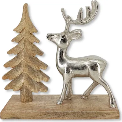 Produktbild von Mango-Holz und Metall Figur Tanne und Hirsch braun silber 31 x 30cm Dekofigur Wald-Deko Tisch Dekoration