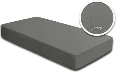 A grey fitted sheet on a mattress, with a close-up inset showing the fabric texture and the word 'Jersey'.