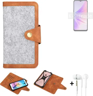 Produktbild von K-S-Trade Handyhülle + Kopfhörer kompatibel mit Oppo A77 5G Schutzhülle Filz Hülle Kunstleder hellgrau braun (1x)