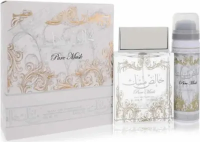 A gift set of Lattafa Pure Musk perfume, including a box, a perfume bottle, and a shaving foam can.
