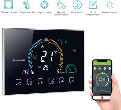 Obrázek produktu pro 95-240 V Wi-Fi Smart programovatelný termostat 5 + 1 + 1 Šest období Hlasové ovládání APP Podsvícený LCD displej Voda / plynový kotel Topení Termoregulace s UV indexem Zobrazení vlhkosti Funkce uzamčení ¡æ / šH Přepínatelný Kompatibilní s Amazon Echo Google Home Tmall Genie