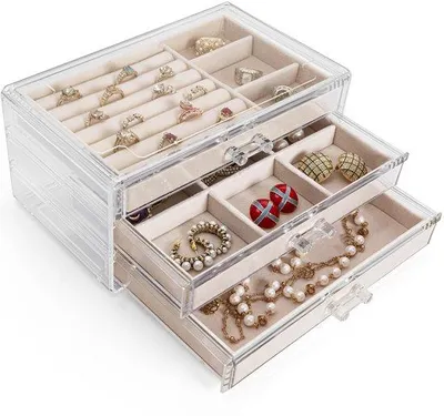 Produktbild von Unyqoos® Transparentes Acryl-Schmuckkästchen – 3 Fächer mit Samtinnenfutter, 23,5×13,5×10,5 cm, sichtbare Aufbewahrung für Ringe, Armbänder, Ketten und Ohrringe