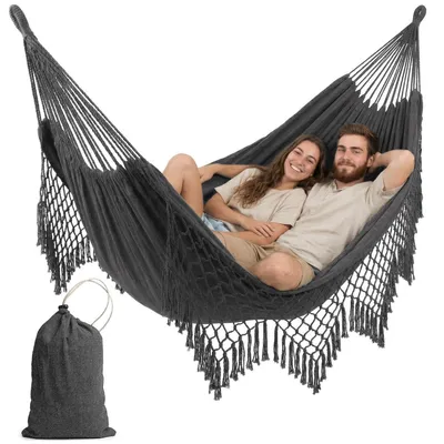 Produktbild von Hängematte Outdoor, Gartenhängematte, für 2 personen, 200x150 cm, Doppelhängematte, bis zu 200 kg belastbar, Hängematte für Terrasse, Boho-Stil, grau