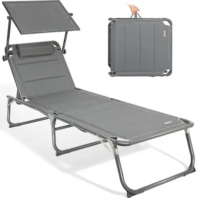Produktbild von Sonnenliege klappbar – Gartenliege aus Aluminium mit 5-fach verstellbarer Rückenlehne, Sonnenschutz und Kopfstütze, bis 180 kg belastbar - grau