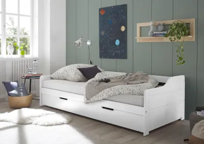 Produktbild von Jugendbett JESOLO 90x200cm Kiefer Weiß lackiert mit 2 Liegeflächen und Rollrost