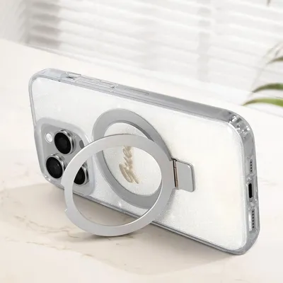 Zdjęcie produktu dla Etui Guess Ring Stand Script Glitter Magsafe Na Iphone 15 Pro Max - Przezroczyste