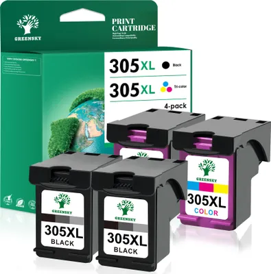 A product shot of printer ink cartridges and their packaging.