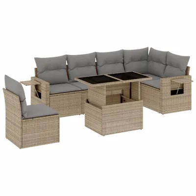 Produktbild von 7-tlg. Garten-Sofagarnitur mit Kissen Beige Poly Rattan