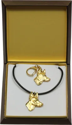 Image de Chien du Pharaon, Pharaoh Hound, Kelb tal-Fenek - Porte-clés et collier avec chien dans une boîte, produit plaqué or de haute qualité, marque Art-Dog