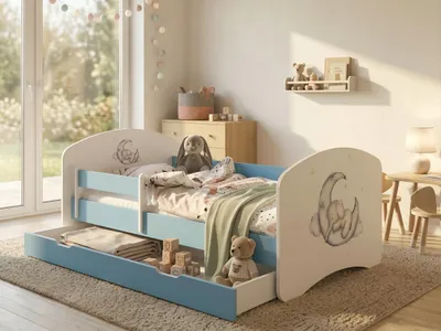 Produktbild von Kinderbett 140x70 cm Blau mit Matratze & Schublade | Komplettset inkl. Rausfallschutz | Stabiles Bett für das Kinderzimmer