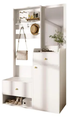 Produktbild von Garderobenset, Kompaktgarderobe mit Spiegel – Moderne Flurgarderobe mit Sitzbank, verstellbaren Haken und Schuhablage