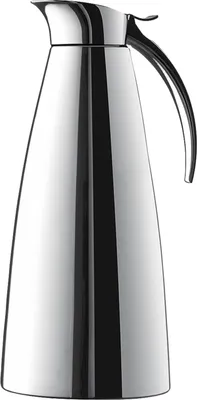 A studio shot of a silver thermos jug.