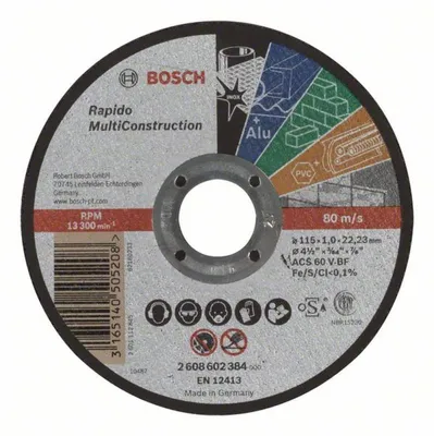 Image de Disque UNIVERSEL à tronçonner BOSCH à moyeu plat Rapido Multi Construction 115X1.0 MM - 2608602384
