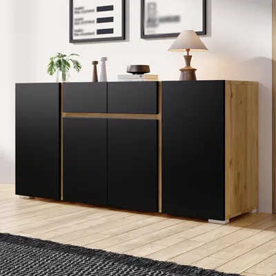 Obrázok produktu pre MODFU Komoda, 140 x 35 x 70 cm, komoda s 4 dvierkami a 2 zásuvkami, úložná skrinka s nastaviteľnými poličkami, bufetová skrinka z MDF, čierna + prírodná farba