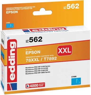Produktbild von Edding EDD-562 Tintenpatrone, Cyan kompatibel zu Epson T78XXL (T7892), Cyan, 38 ml, 1 Stück(e), 4315 Seiten, Einzelpackung