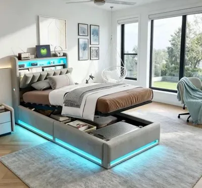 Image de Lit simple pour enfant - 90 x 200 cm - Éclairage LED - Port de charge USB - Rangement intégré - Sommier à lattes - Gris