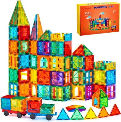Image de Blocs magnétiques 136 pièces – Coffret de blocs magnétiques de luxe avec 2 voitures magnétiques – Puzzle magnétique 3D et jouet de construction – Jouet éducatif STEM/MINT pour enfants à partir de 3 ans – Pour garçons et filles