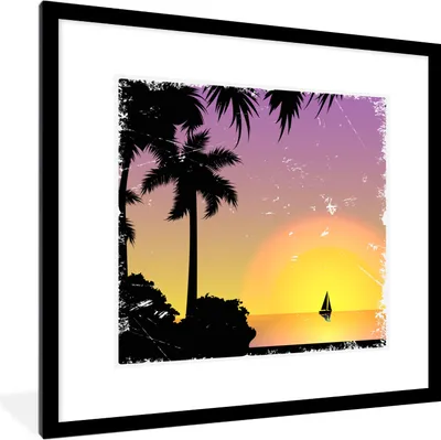 Produktbild von MuchoWow® MuchoWow® Gerahmtes Poster Palme - Segelboot - Meer - Nacht 40x40 cm - Poster mit zchwarzem Bilderrahmen - Poster - Plakat im Rahmen