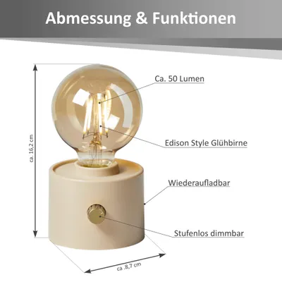 Produktbild von Vintage Akku Glühbirne Edison LED Tischlampe USB-C dimmbar mit Drehschalter – moderne Dekoration Beige