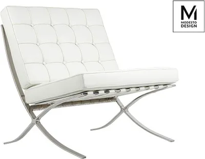 A white leather armchair with a polished steel frame, presented on a white background.