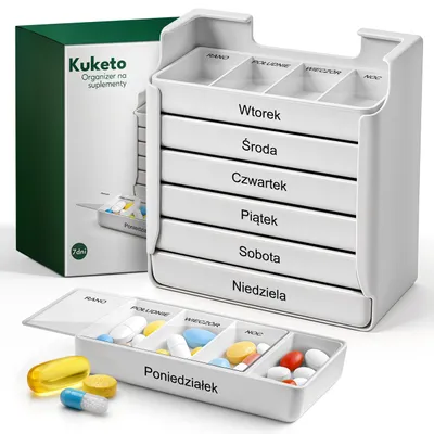 Zdjęcie produktu dla Kuketo | Pudełko na tabletki na 7 dni z 4 przegródkami dziennie - Pudełko na leki na tydzień - Organizer na tabletki z przezroczystą pokrywką