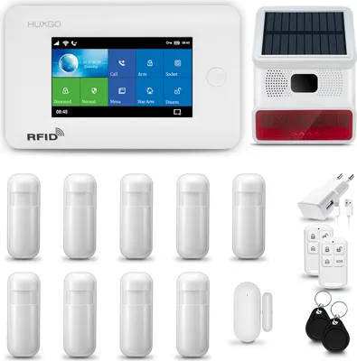 Produktbild von HUXGO HXA006 Alarmanlage Haus WiFi + GSM 4G LTE mit Funk Sirene, Alarm System mit 9x Bewegungssensor und 1x Tür- Fenstersensor, Alarmanlage für Wohnung, Haus, Garage, Tuya Smartlife App