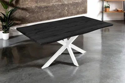 Produktbild von Esstisch Josy | 180 x 90 cm | Holz-Optik in Grau | Spider-Gestell Metall weiß | 40 mm Tischplatte mit Baumkante | Tisch für Esszimmer & Küche