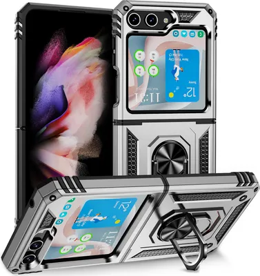 Image de Étui pour Samsung Galaxy Z Flip 5 étui de protection militaire double couche avec support d'anneau et support Argent